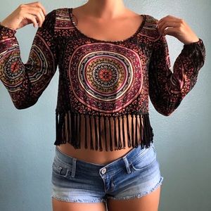 Boho Print Long Sleeve Crop Top with Fringe